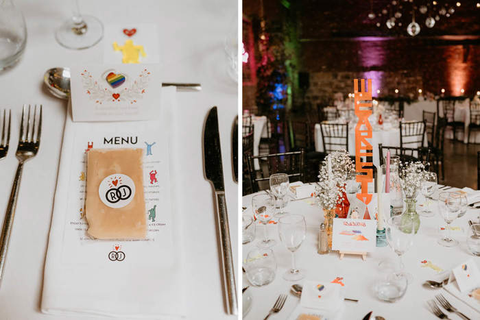 A Colourful Wedding Menu With Cutlery On Left And Table At Engine Works Set For A Wedding On Right