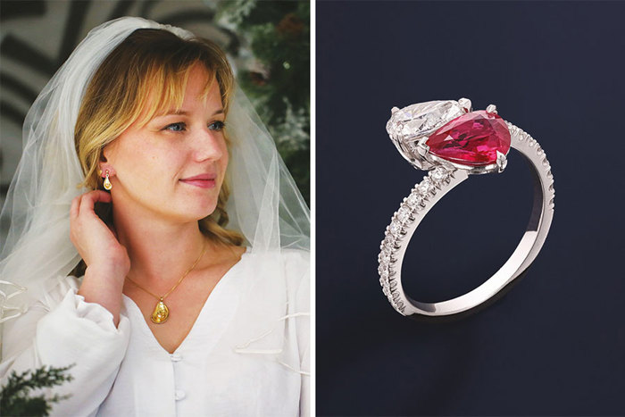 Bride with close up of gold earrings and necklace, and a ruby and diamond rind close up
