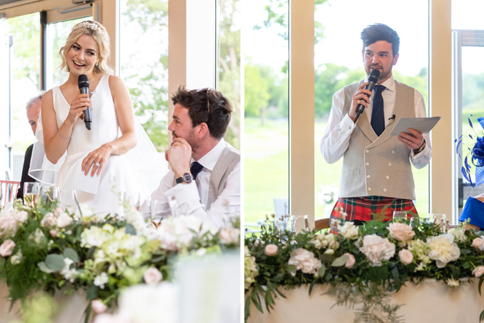 Images of the bride and groom during their speeches