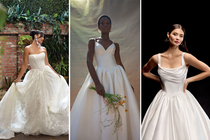 Three models wearing wedding dresses with basque waists