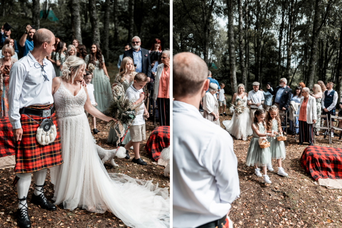 Bride and groom at their Comrie Croft wedding ceremony and photo of two flower girls