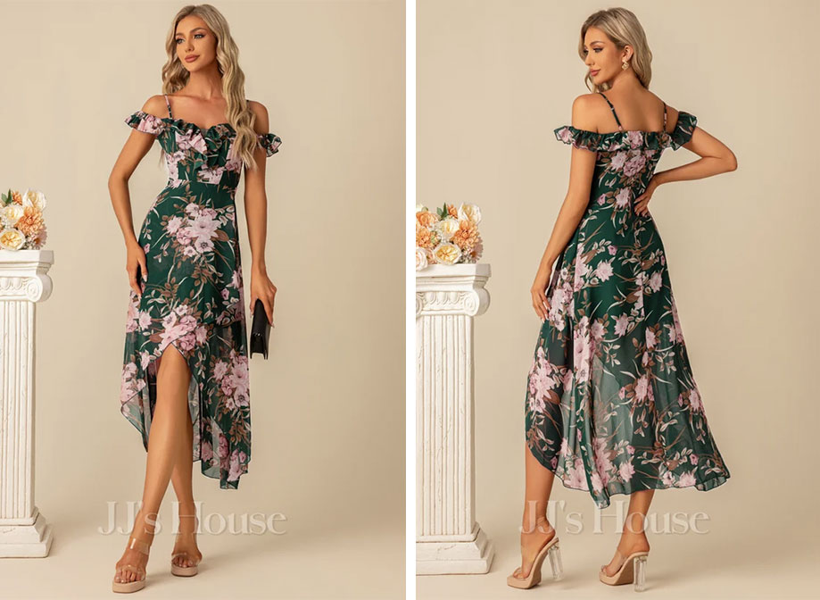 A woman wearing a dark green chiffon dress with a pink floral print