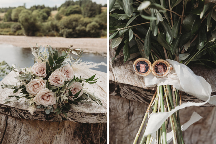 Image shows bridal bouquet and locket attached with images of loved ones