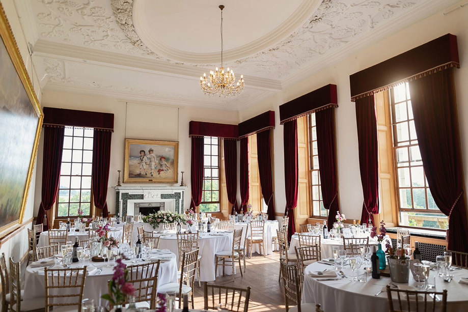 rowallan castle room set up for wedding dinner with chivari chairs