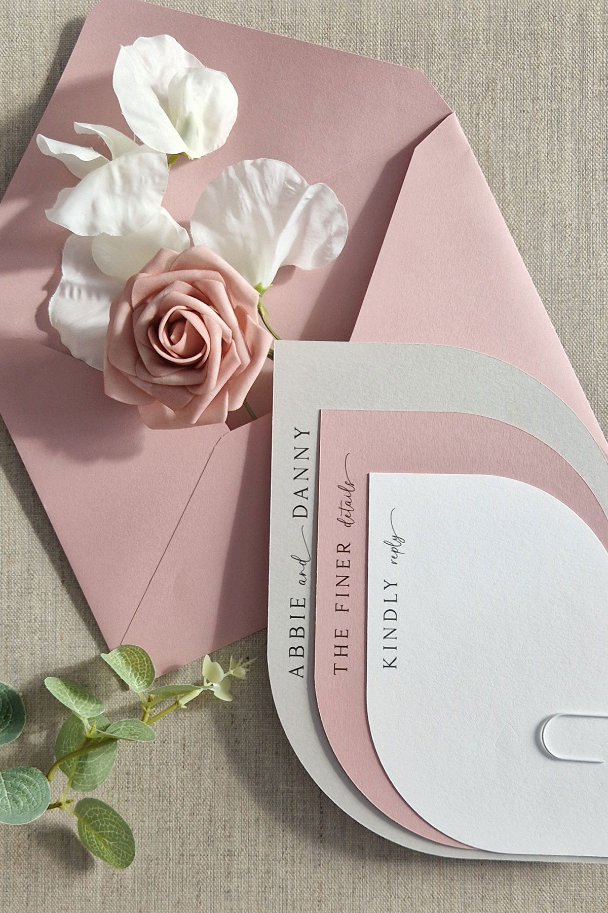 Pink modern wedding invitations by Celtic Paperie