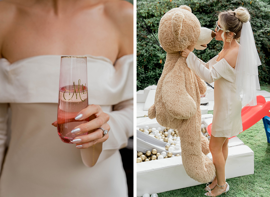 a bride holding a personalised champagne flute on left; a bride kissing a giant teddy bear standing next to a ball pit in a garden 