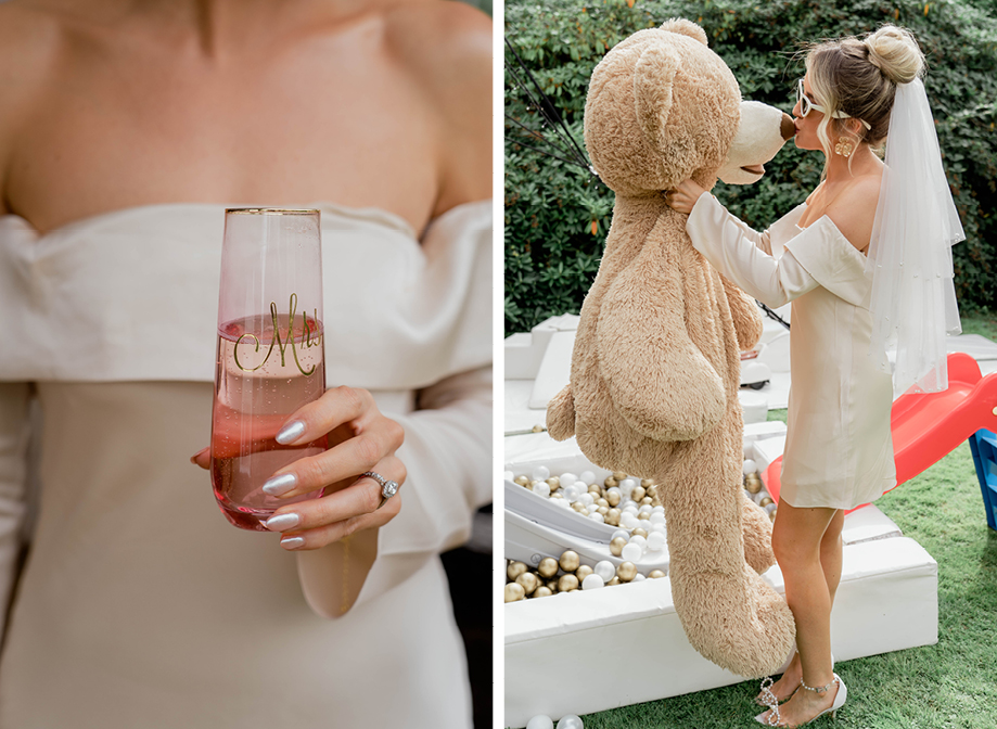 a bride holding a personalised champagne flute on left; a bride kissing a giant teddy bear standing next to a ball pit in a garden