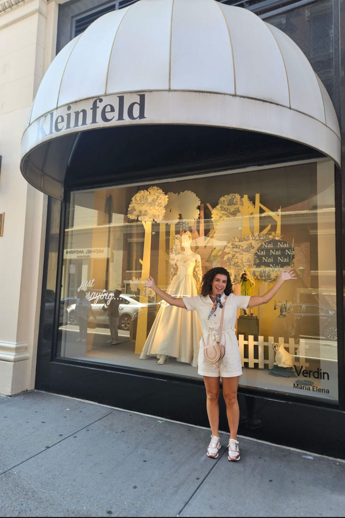 Sophie from opus couture outside kleinfeld store in new york while wedding dress shopping