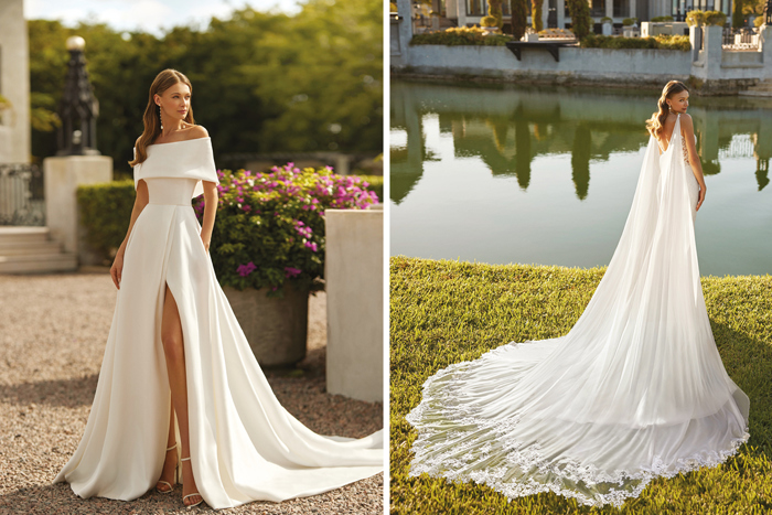 Two statement wedding dresses with long flowy trains side by side on the same model