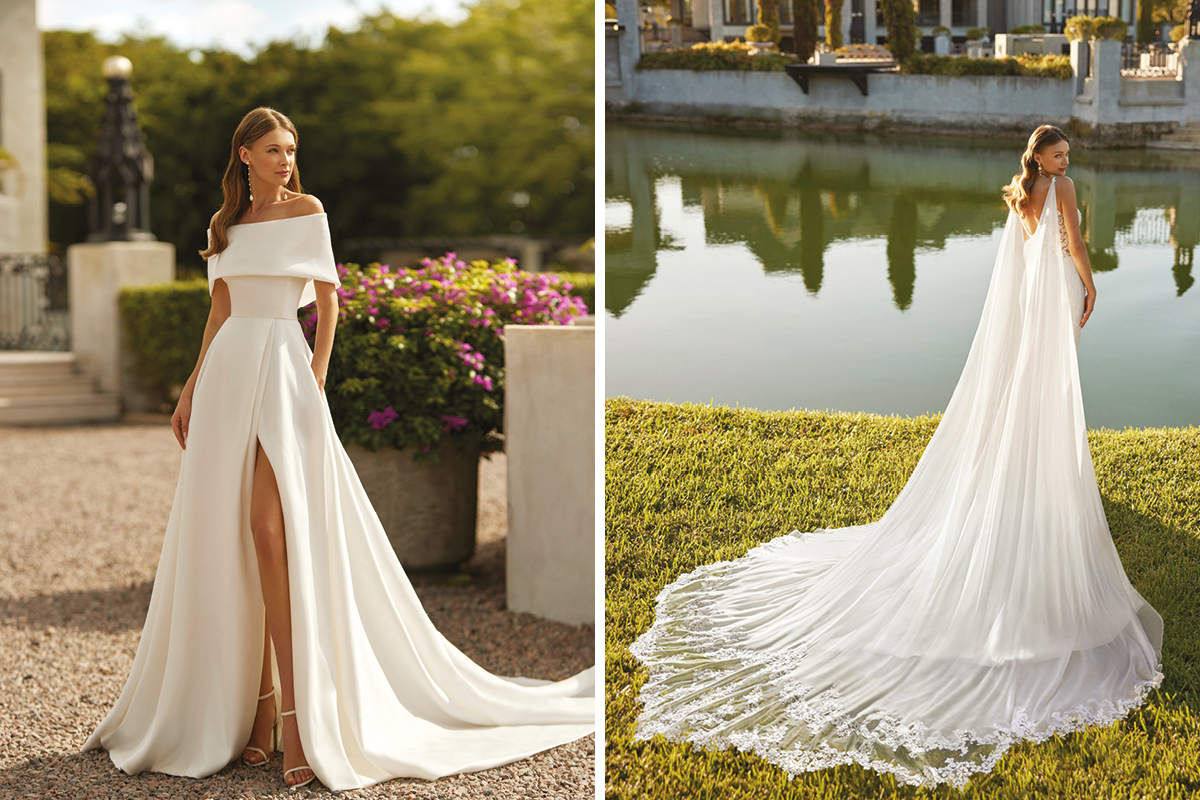 Two statement wedding dresses with long flowy trains side by side on the same model