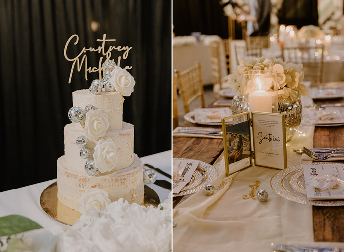 an ivory and gold buttercream three-tier wedding cake with mini disco ball and white flower details on left. A table set for a wedding dinner on right with gold and silver charger plates, disco ball decor and candles on the table