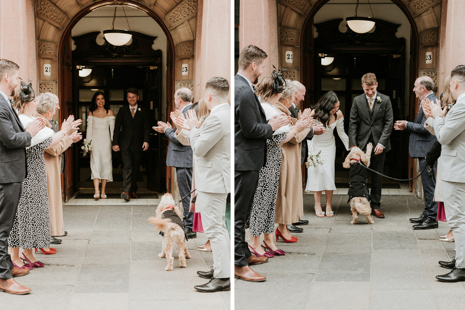 Guests line the entrance to 23 Montrose Street as couple emerge, with their dog running to greet them