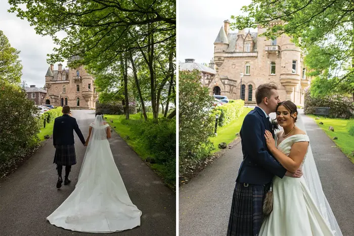 two photos of a bride and groom standing outside a castle, one walking away from the camera and the other with their arms around each other