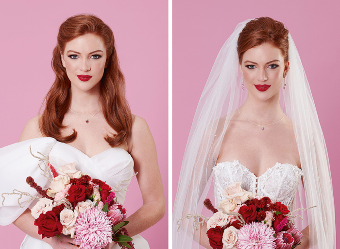 Red haired bride wearing two styles of wedding dresses holding a red and pink bouquet