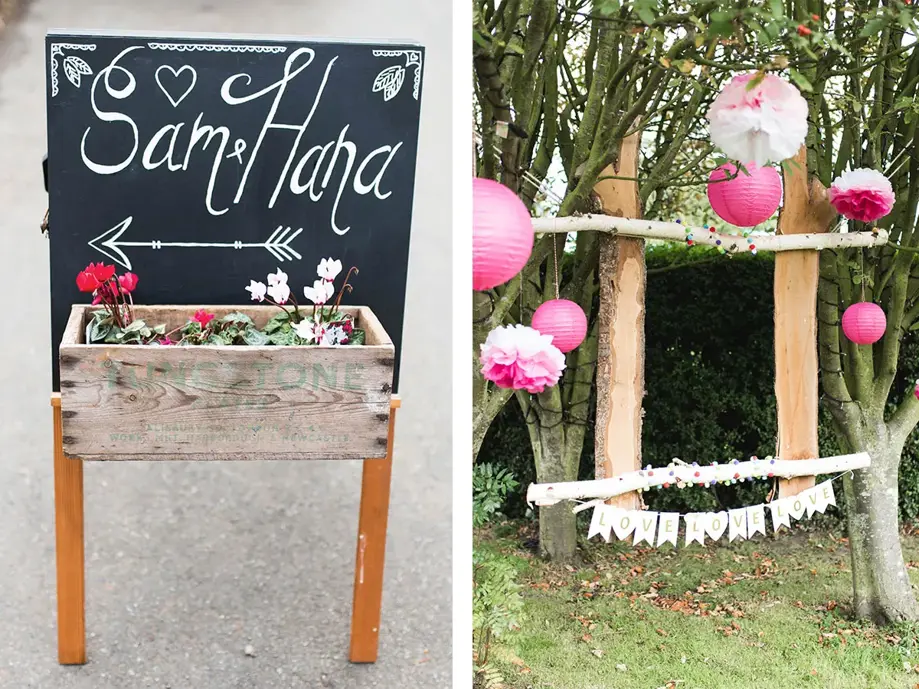 Left image shows chalkboard with "Sam" and "Hana" with flower box and right image shows hanging decoration with rainbow pom poms and bunting that says "Love love love"