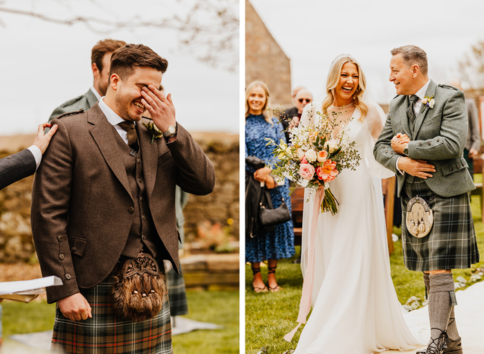 Left image shows a man in a brown kilt wiping away tears. Right image shows a bride walking on the arm of man in a green and grey kilt down a white carpeted aisle in a garden setting as guests look on