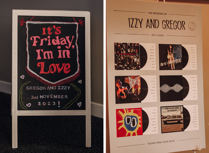 a wedding chalkboard sign on left. An indie album cover table plan on right.