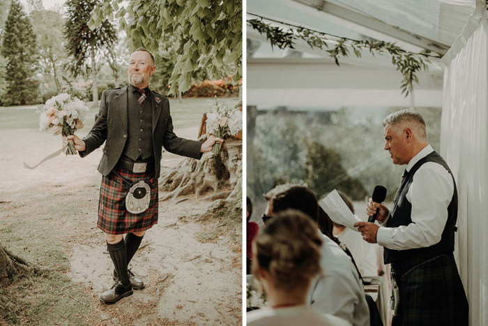 Image of male wedding guest holding bouquets and an image of male guest making wedding speech