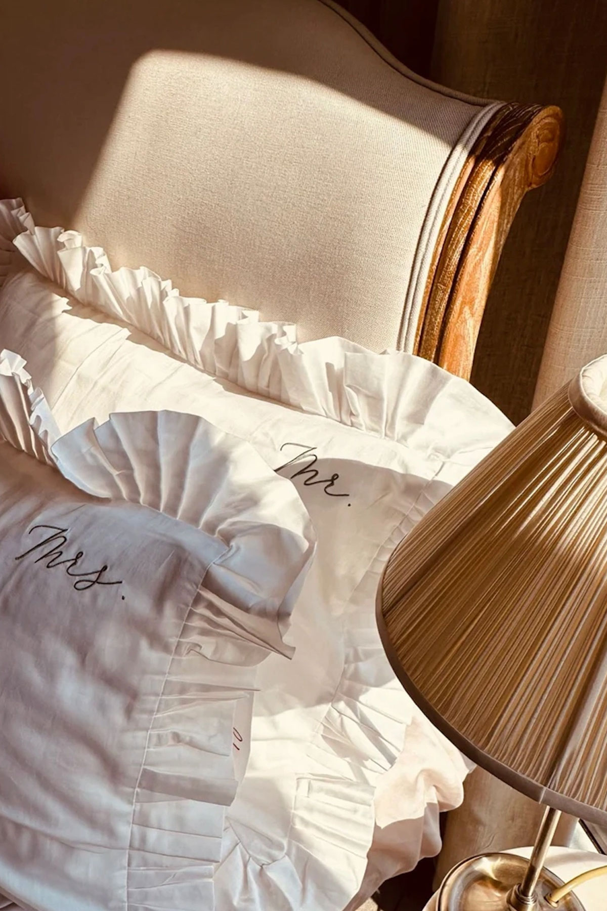 Mr and Mrs luxury cotton pillowcases with ruffle edging, a personalised bedding wedding gift for newlyweds