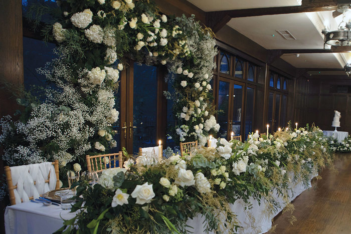 A long table with flowers and candles at Crossbasket Castle  