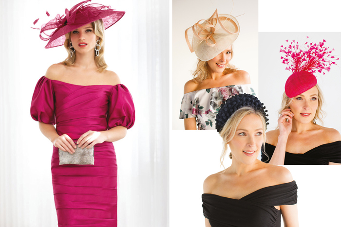 Image of a model wearing pink dress and images showing model wearing various styles of hats