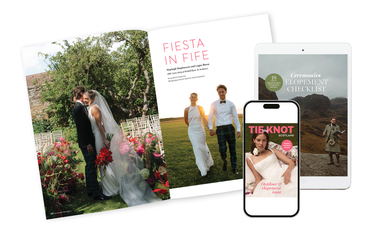 Tie the Knot Scotland digital wedding magazine displayed across print, mobile and tablet formats, featuring real wedding inspiration, elopement planning content and bridal fashion