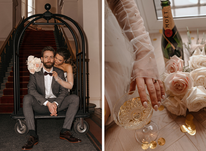 Bride and groom sit on a luggage trolley on left, and close up details of bride's pearl embellished sleeve and a glass of champagne