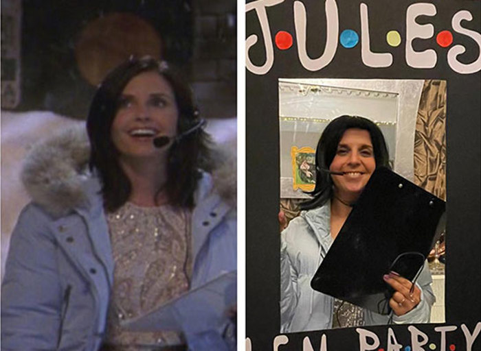 On the left is a photo of Monica Geller from Friends wearing a blue coat, white dress and headset, on the right Jules is wearing same clothing and carrying a clipboard