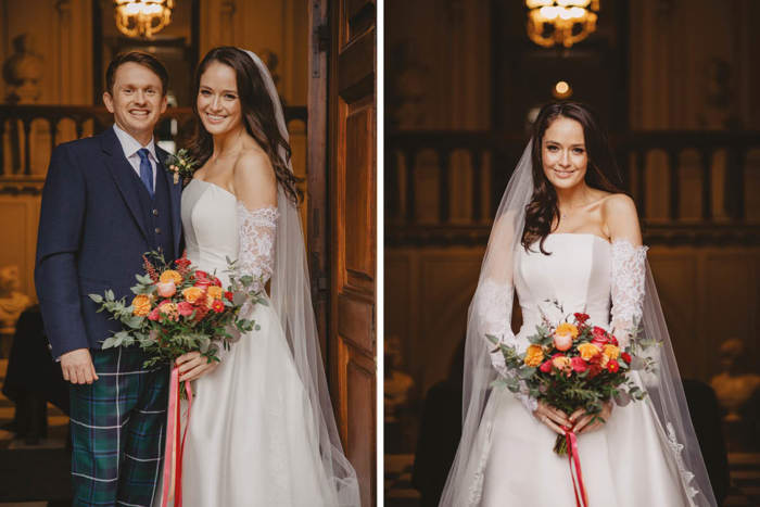 A Bride Holding An Orange And Red Bridal Bouquet And Groom Wearing Tartan Trousers Posing For Photos At Pollok House