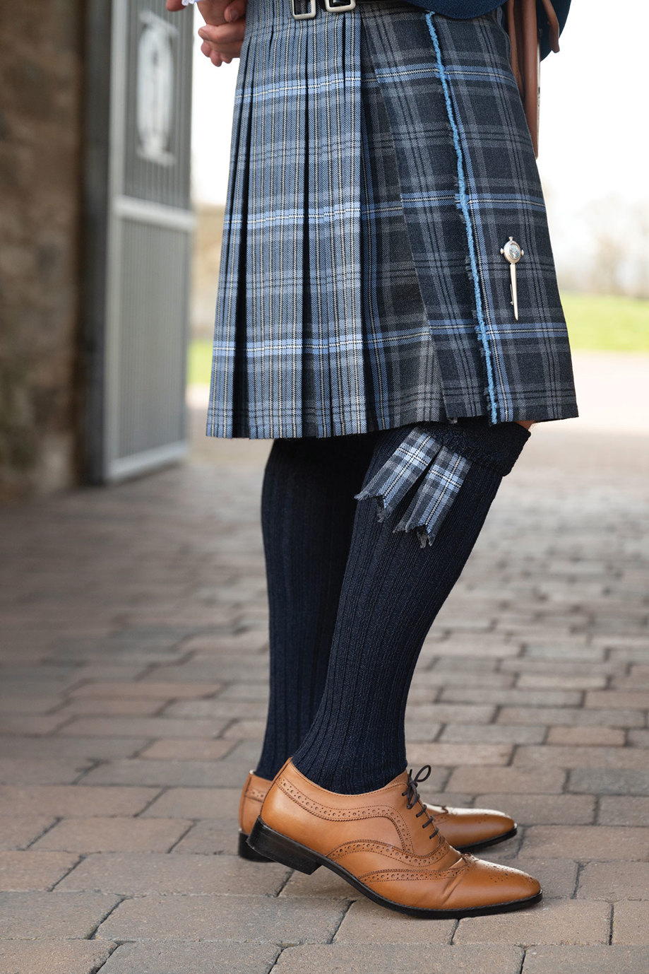 blue tartan kilt, socks, flashes and brown brogues from Eight Yards