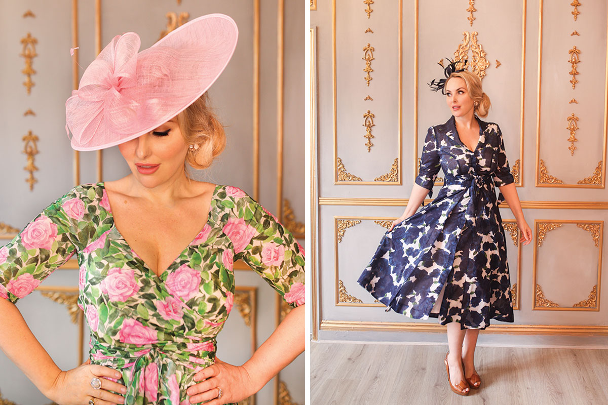 Model wears green and pink floral dress and model wears navy and white floral patterned dress