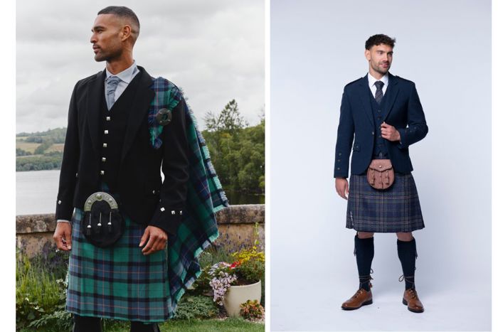 two men show kilts you can rent for a wedding from Slaters and MacGregor and MacDuff