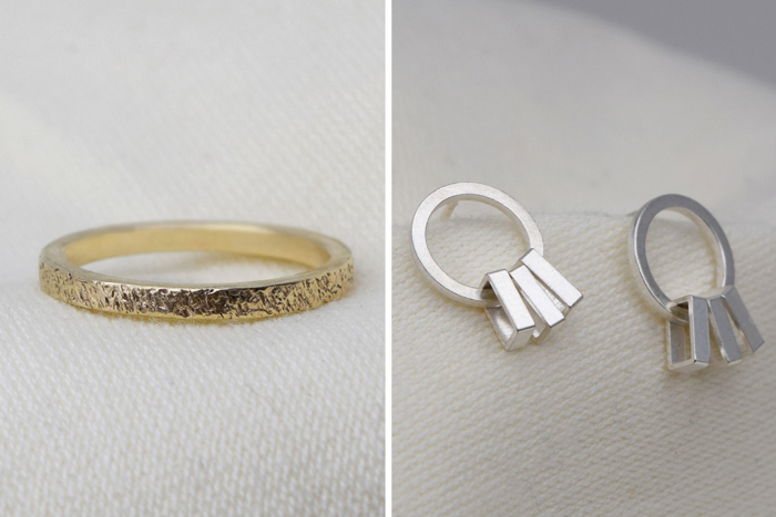 A textured ring and earrings with rectangle details by Ellys May