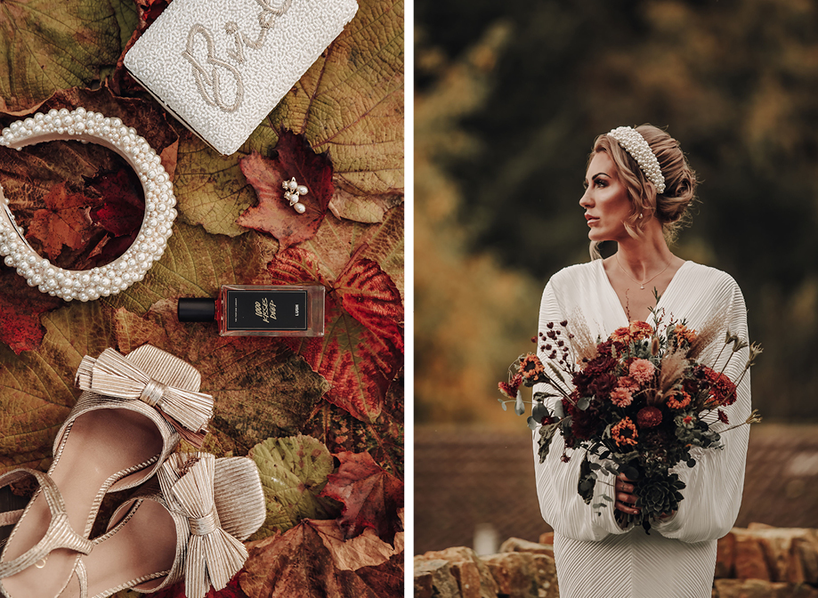 a flat lay of wedding shoes, perfume, pearl hair band, earrings and clutch bag on autumn leaves on left. A moody portrait of a bride wearing a ribbed v-neck wedding dress, chunky pearl head band, holding an autumn-toned bouquet of dried flowers