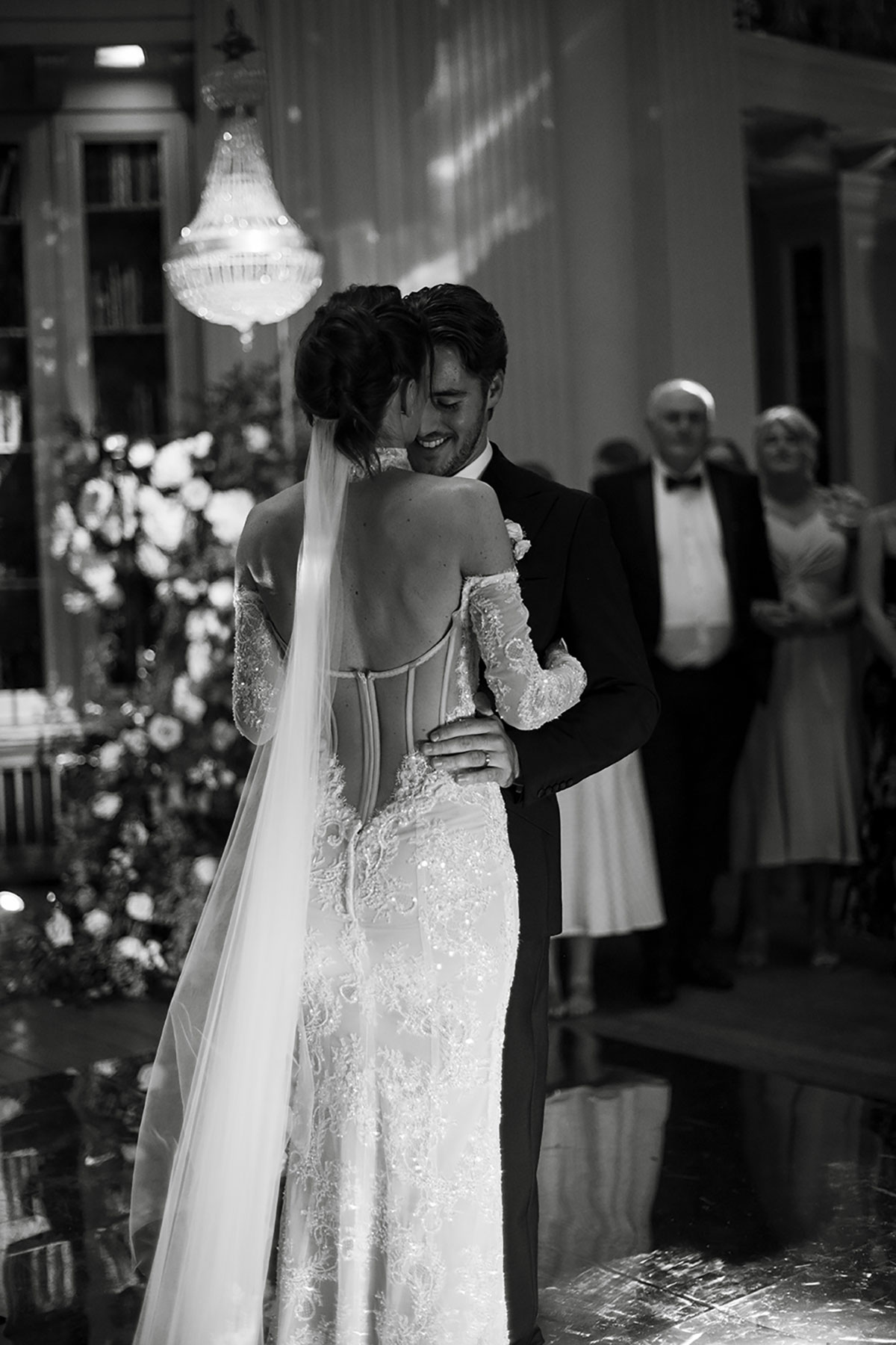 Black and white first dance photo at Signet Library wedding reception