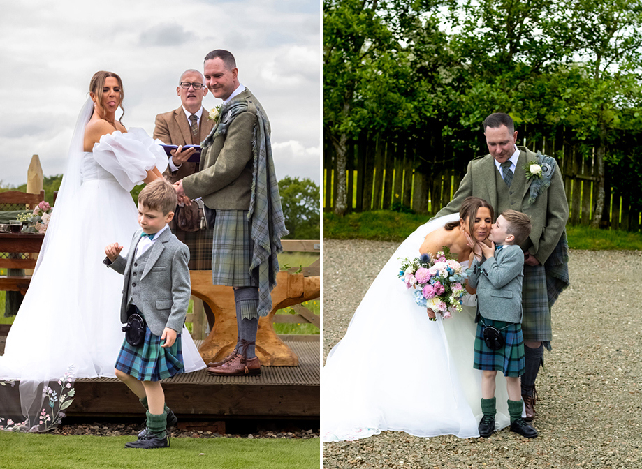 bride and groom holding hands with little boy standing then giving the bride a kiss