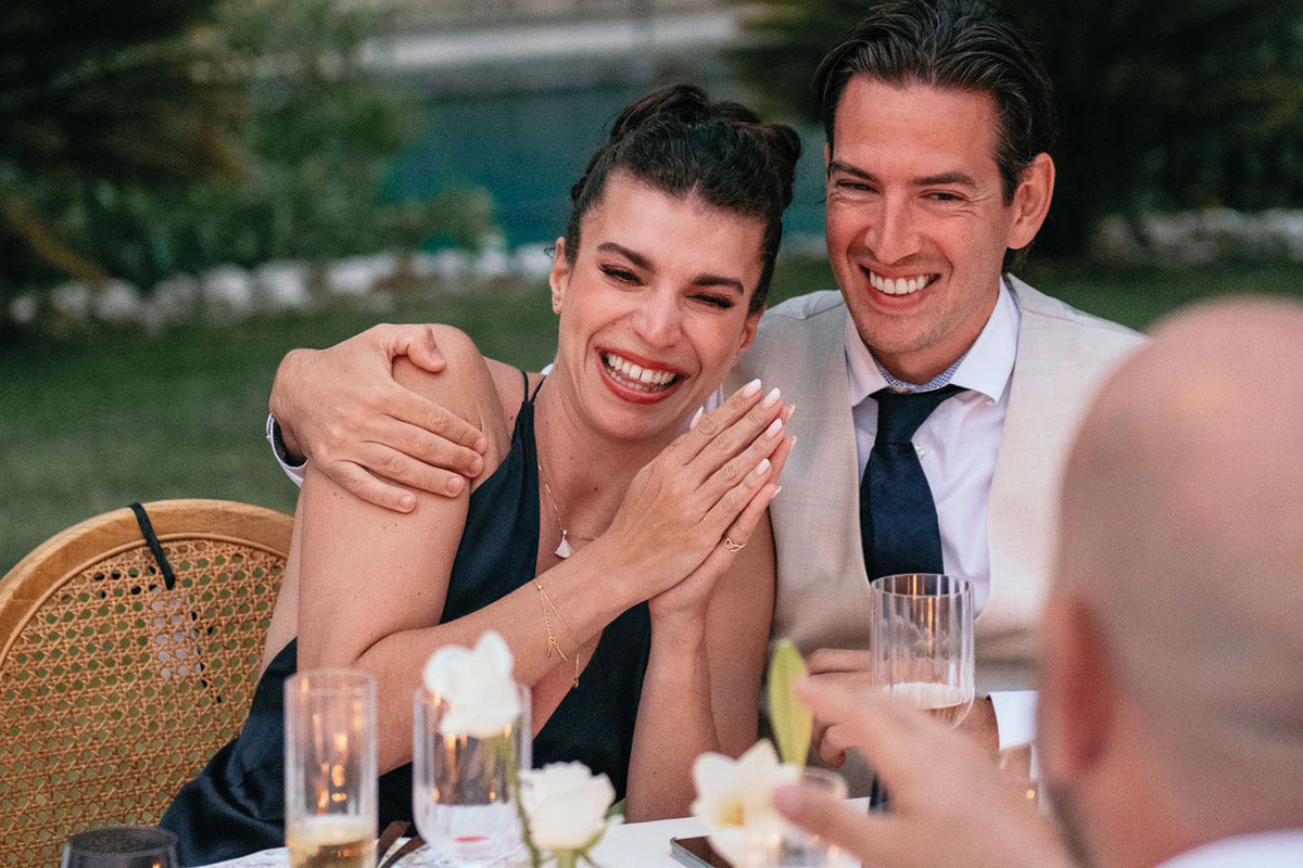 opus couture sales consultant sophie taylor smiles with fiance alan in italy at a wedding