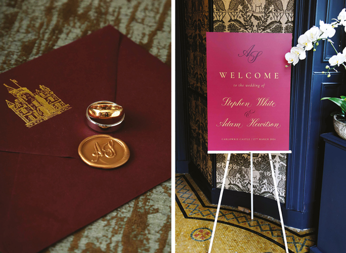 a close up of a burgundy envelope with gold wax seal and gold foil castle imprint with gold wedding rings sitting on it on the left. A dark red wedding welcome sign with gold and black script font sitting on a white easel on the right