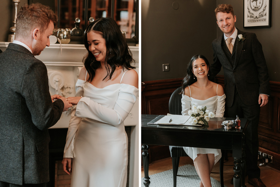 Groom putting ring on bride's finger during ceremony and smiling before signing legal documentation