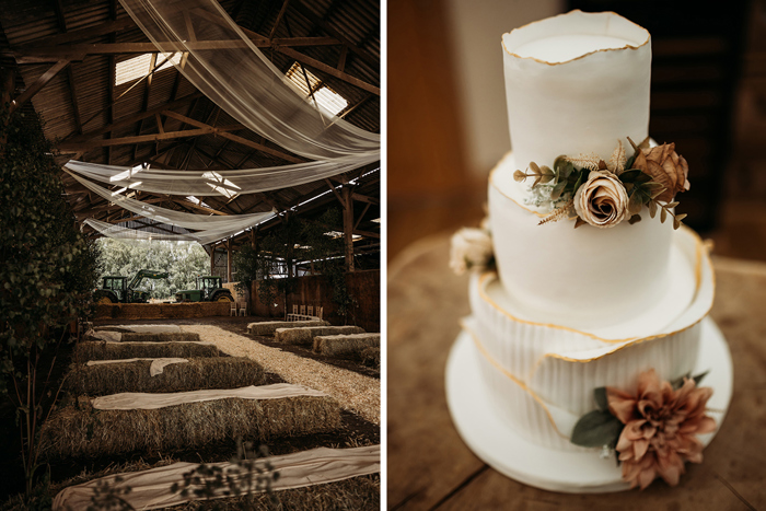 A Farm Shed At Boswells Estate Dressed With Haybales For A Wedding On Left And A White And Gold Wedding Cake On Right