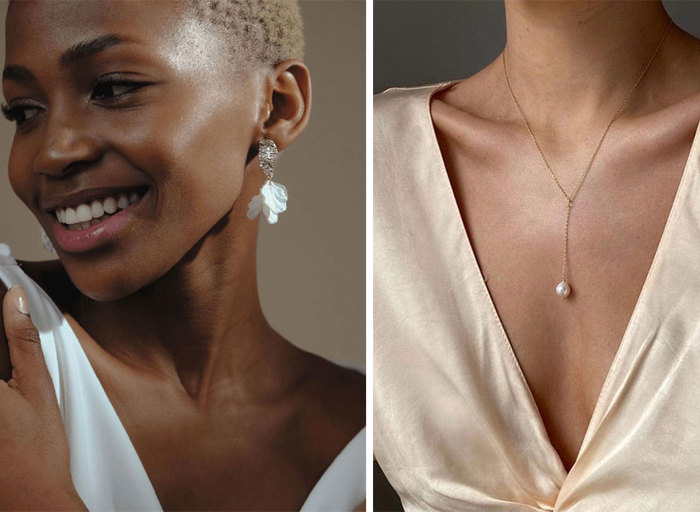 a laughing model wearing drop earrings with pearl petals on left. A close up of a pearl drop pendant on a gold chain on a model's decolletage on right