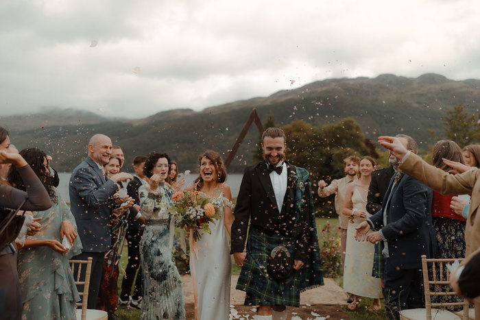Carrick Castle Estate wedding bride and groom confetti throw outdoor ceremony on Loch Goil