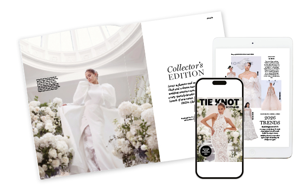 a montage of Tie the Knot Scotland printed magazine spread and smart phone showing magazine cover