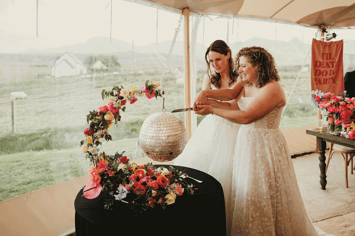 Two brides cutting into a disco ball cake