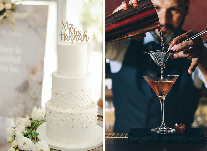 A three tier wedding cake on left and a man pouring a cocktail into a martini glass