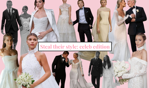 a collage of cut out images of brides and grooms with a title across the middle that says 'steal their style: celeb edition'