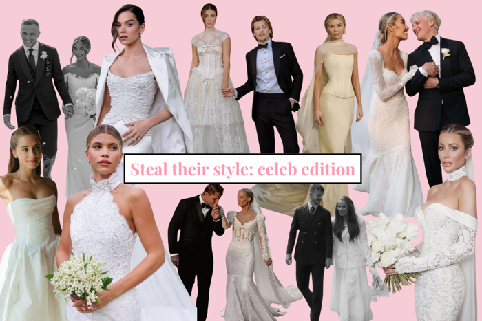 a collage of cut out images of brides and grooms with a title across the middle that says 'steal their style: celeb edition'