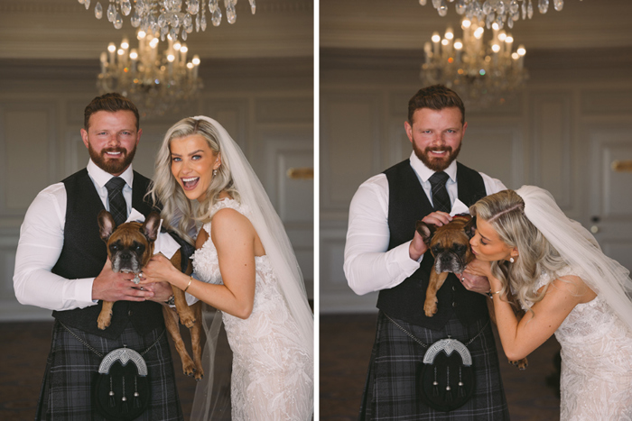 Bride and groom pose with their French bulldog
