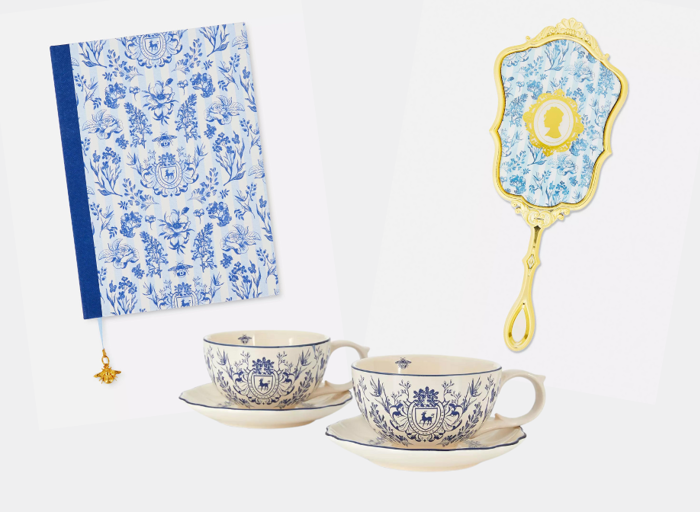 A notebook, the back of a paddle hairbrush and two tea cups and saucers, all with with a blue floral print