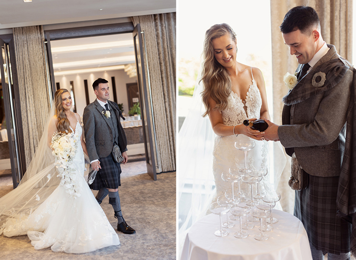 a bride and groom walking hand in hand across a grey-carpeted room with doorway in background on left. A bride and groom pouring into a champagne tower on right